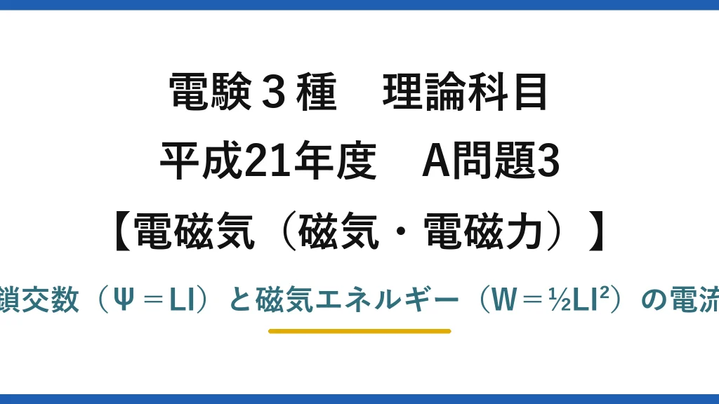 電験3種 理論科目【電磁気（磁気・電磁力）】平成21年度 A問題3 磁束鎖交数（Ψ＝LI）と磁気エネルギー（W＝½LI²）の電流依存