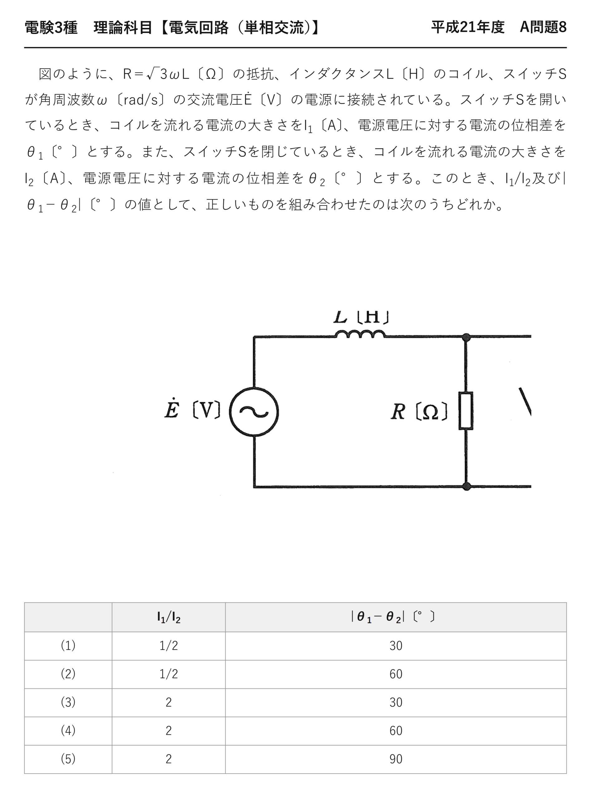 電験3種 理論科目 単相交流 平成21年度 A問題8 問題文