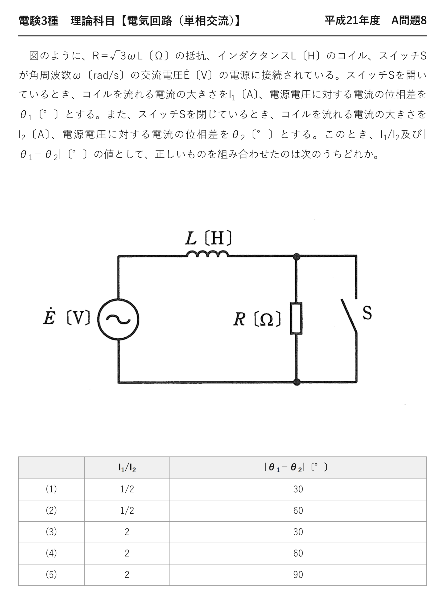 電験3種 理論科目 単相交流 平成21年度 A問題8 問題文