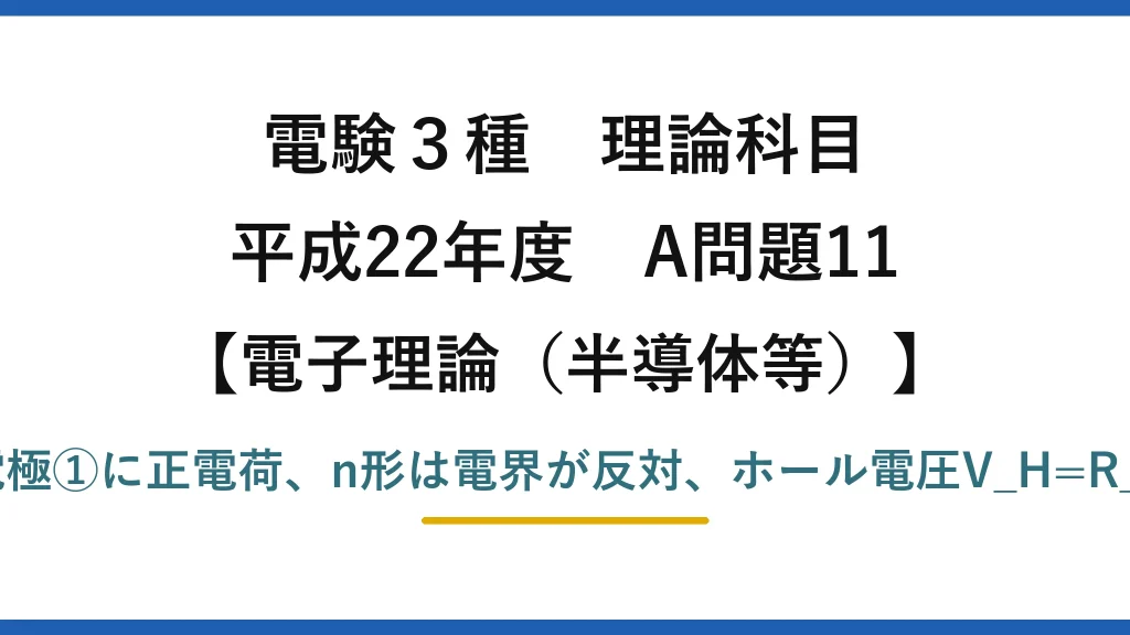 電験3種 理論科目【電磁気（半導体等）】平成22年度 A問題11 p形は電極①に正電荷、n形は電界が反対、ホール電圧V_H=R_H·BI/d