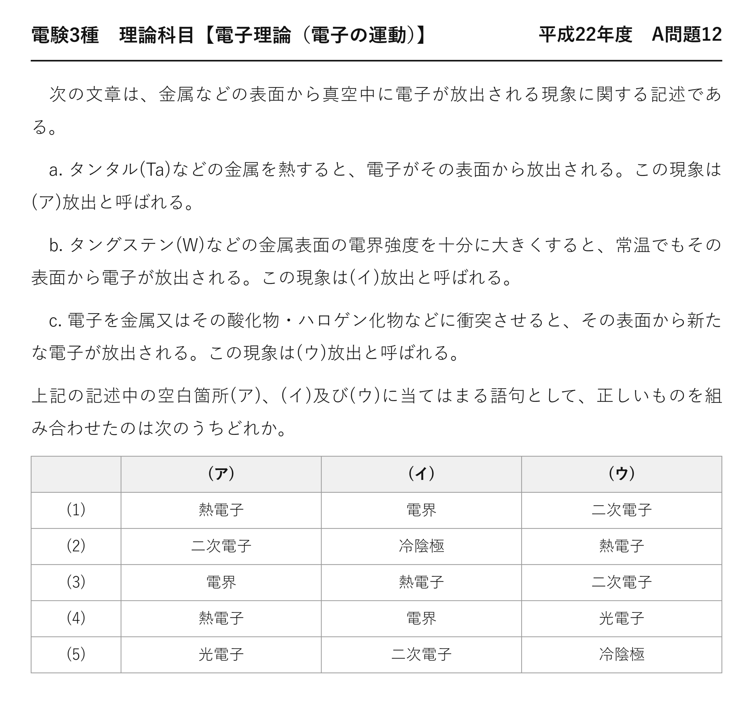 電験3種 理論科目 電子の運動 平成22年度 A問題12 問題文