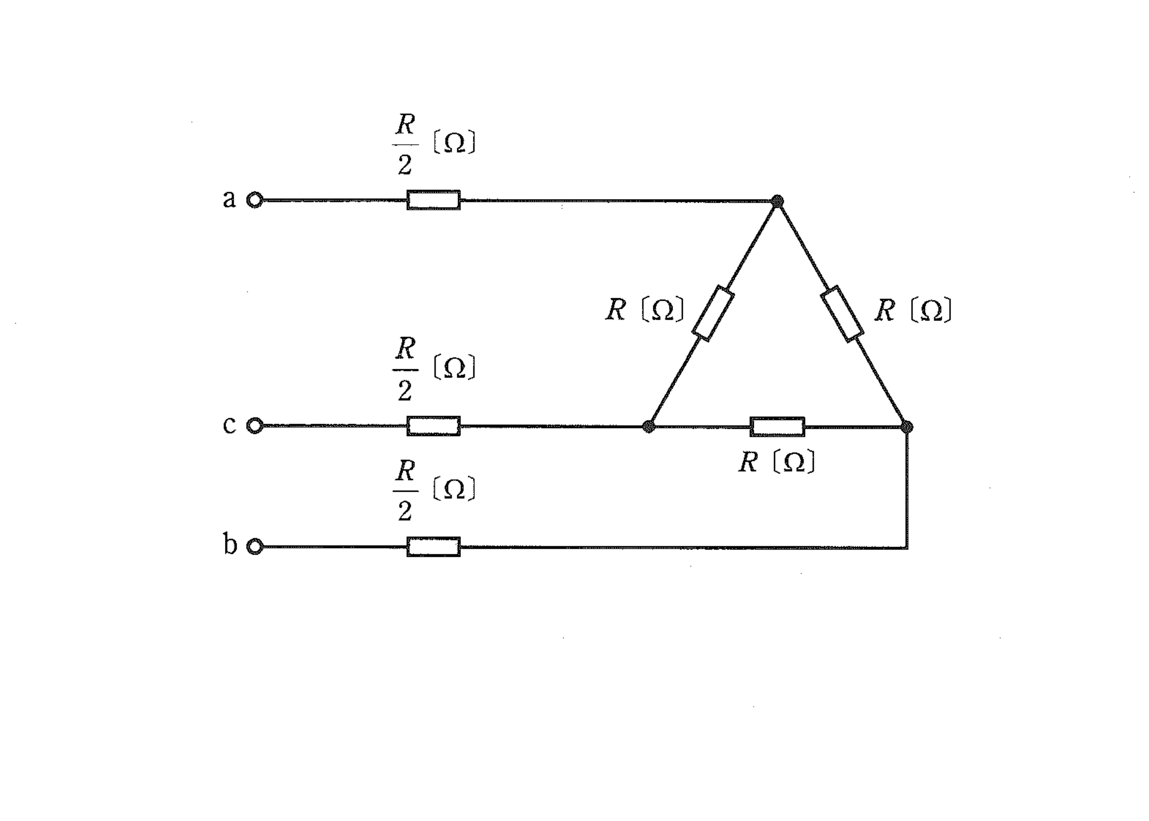 図　線路抵抗R/2とΔ接続R負荷からなる平衡三相回路（問題図）