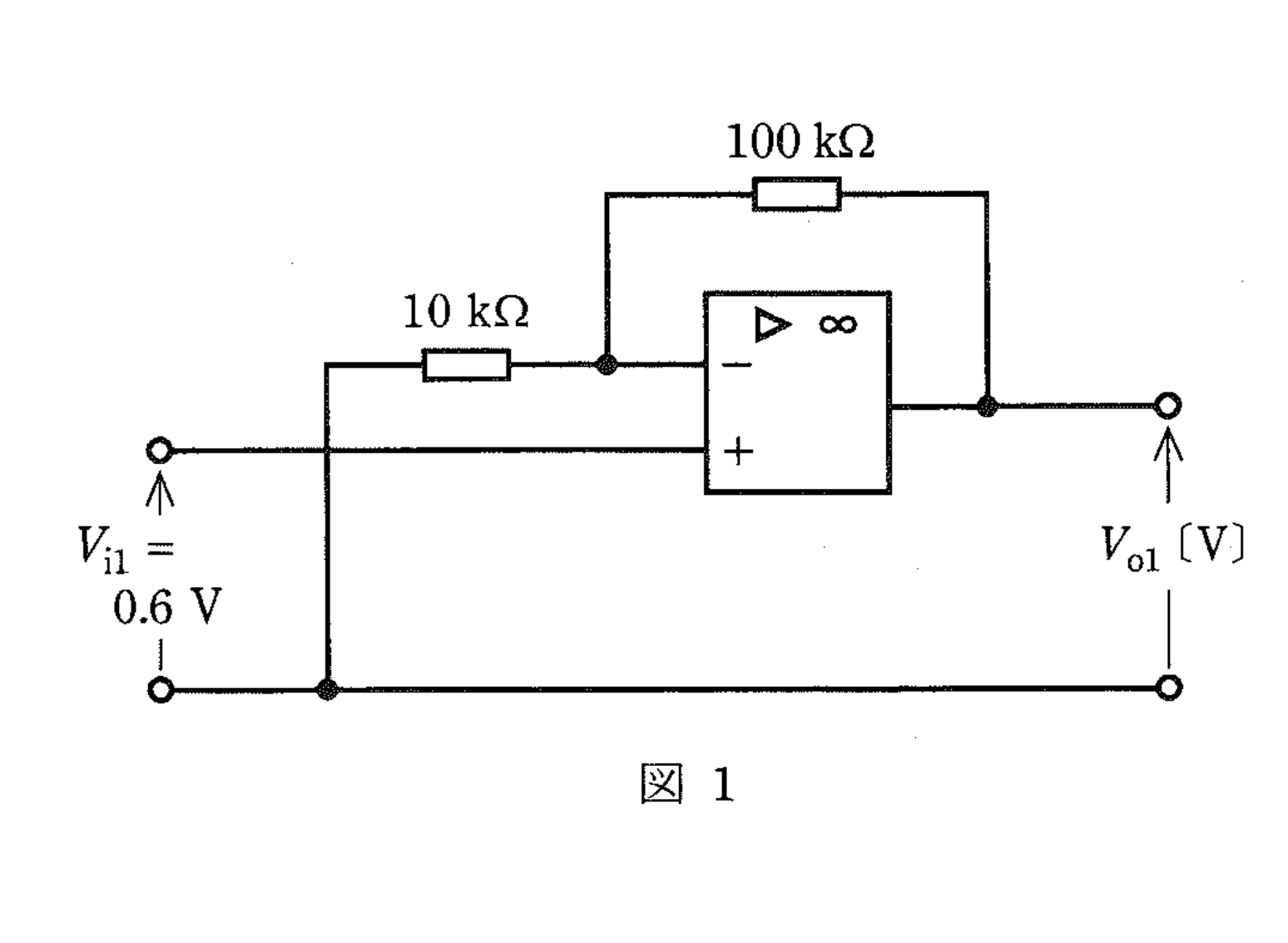 図1　非反転増幅回路（入力抵抗10kΩ・帰還抵抗100kΩ、Vi1=0.6V）（問題図）