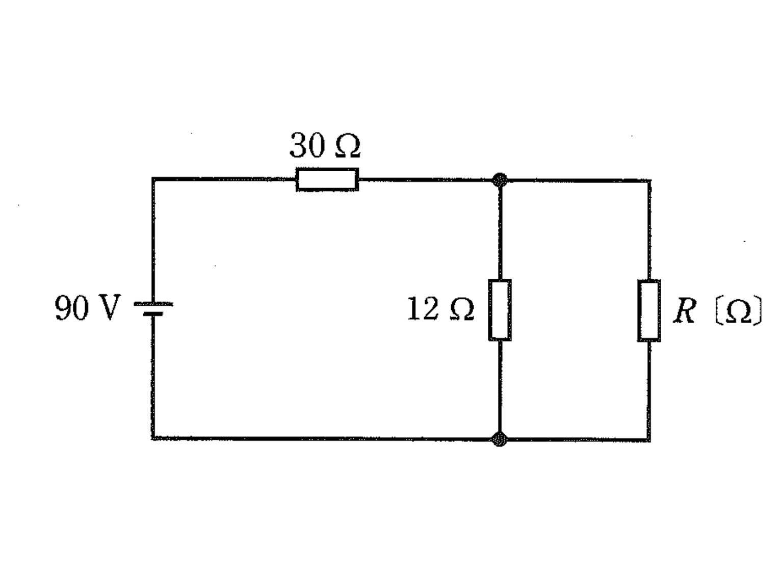 図　90V電源・30Ω（直列）と12Ω・R（並列）の直流回路（問題図）