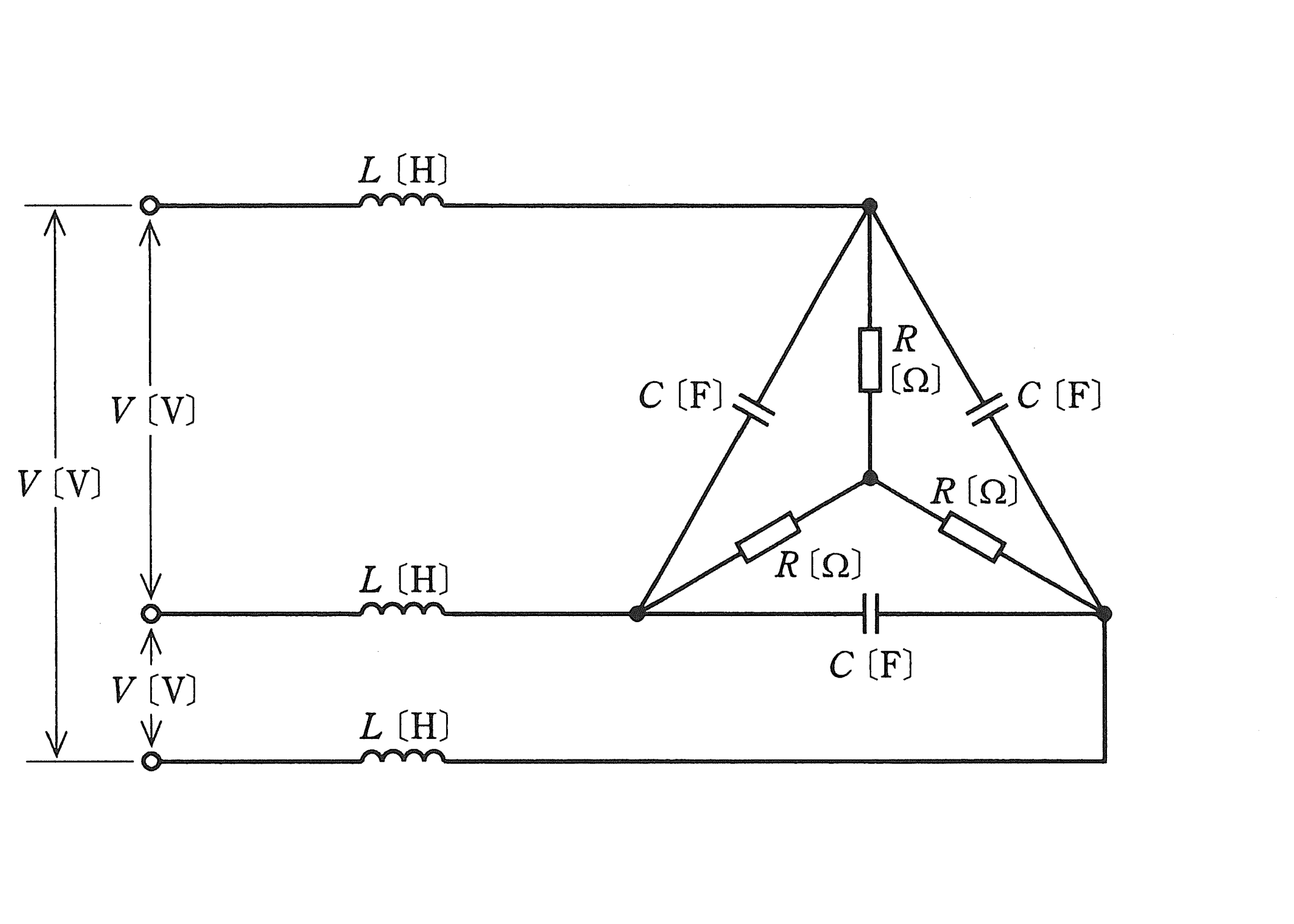 図　線路インダクタンスLと、Y接続R・Δ接続Cからなる平衡三相負荷（問題図）