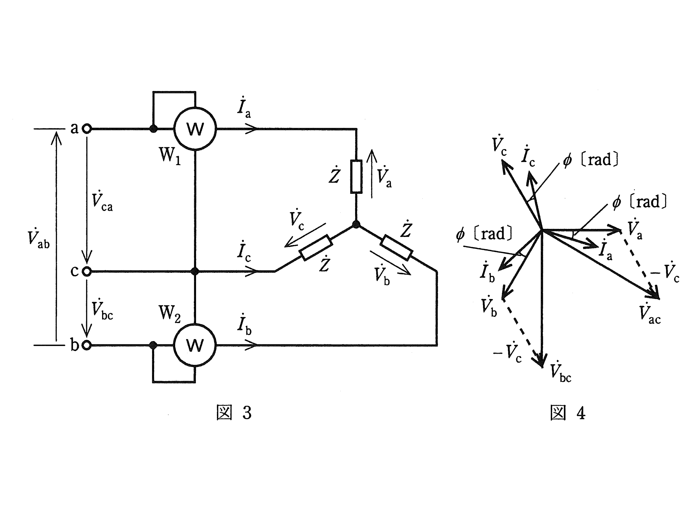 図3　二電力計法の結線（W1・W2）　図4　線間電圧・相電圧・線電流のベクトル図（問題図）