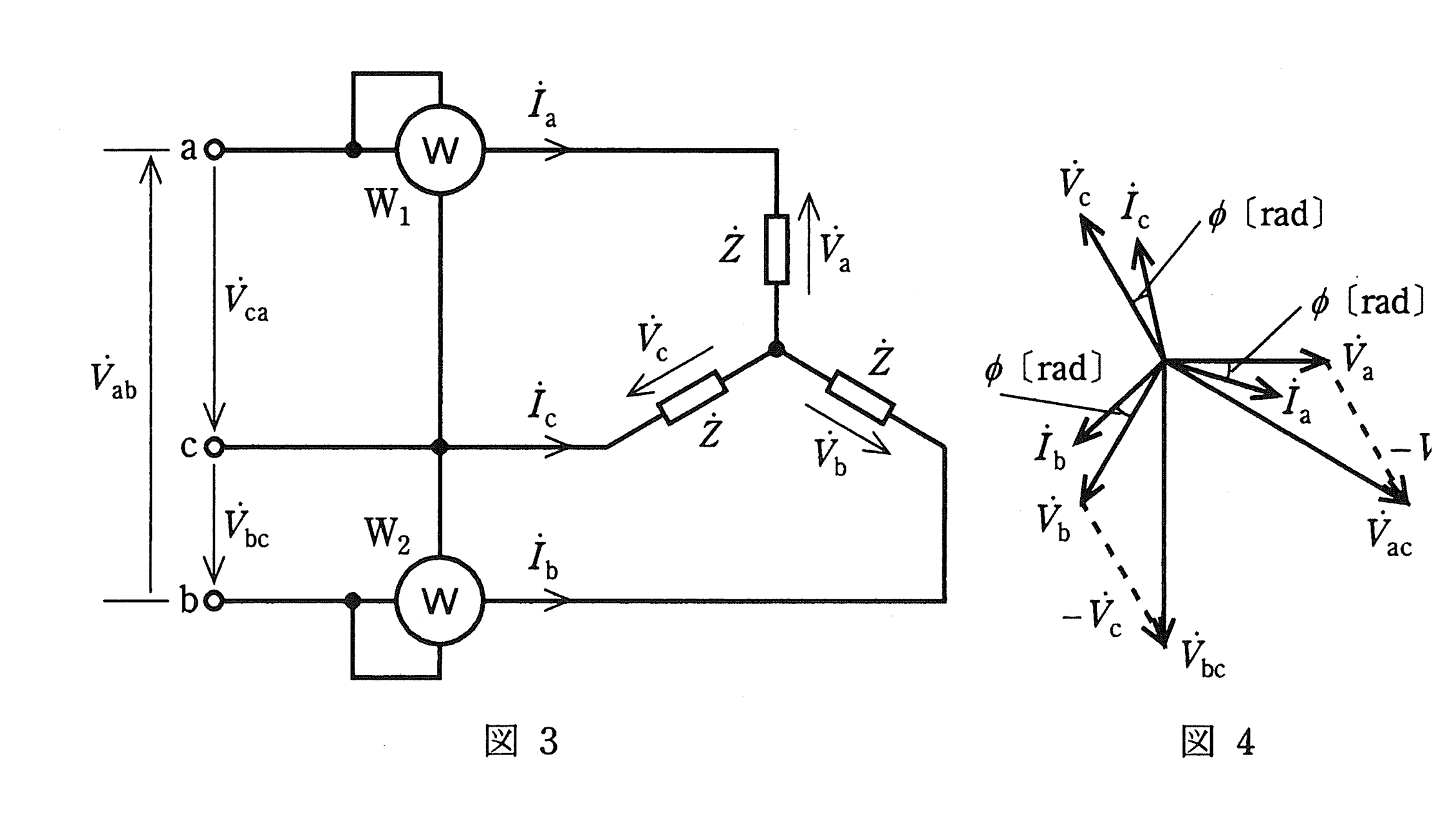 図3　二電力計法の結線（W1・W2）　図4　線間電圧・相電圧・線電流のベクトル図（問題図）