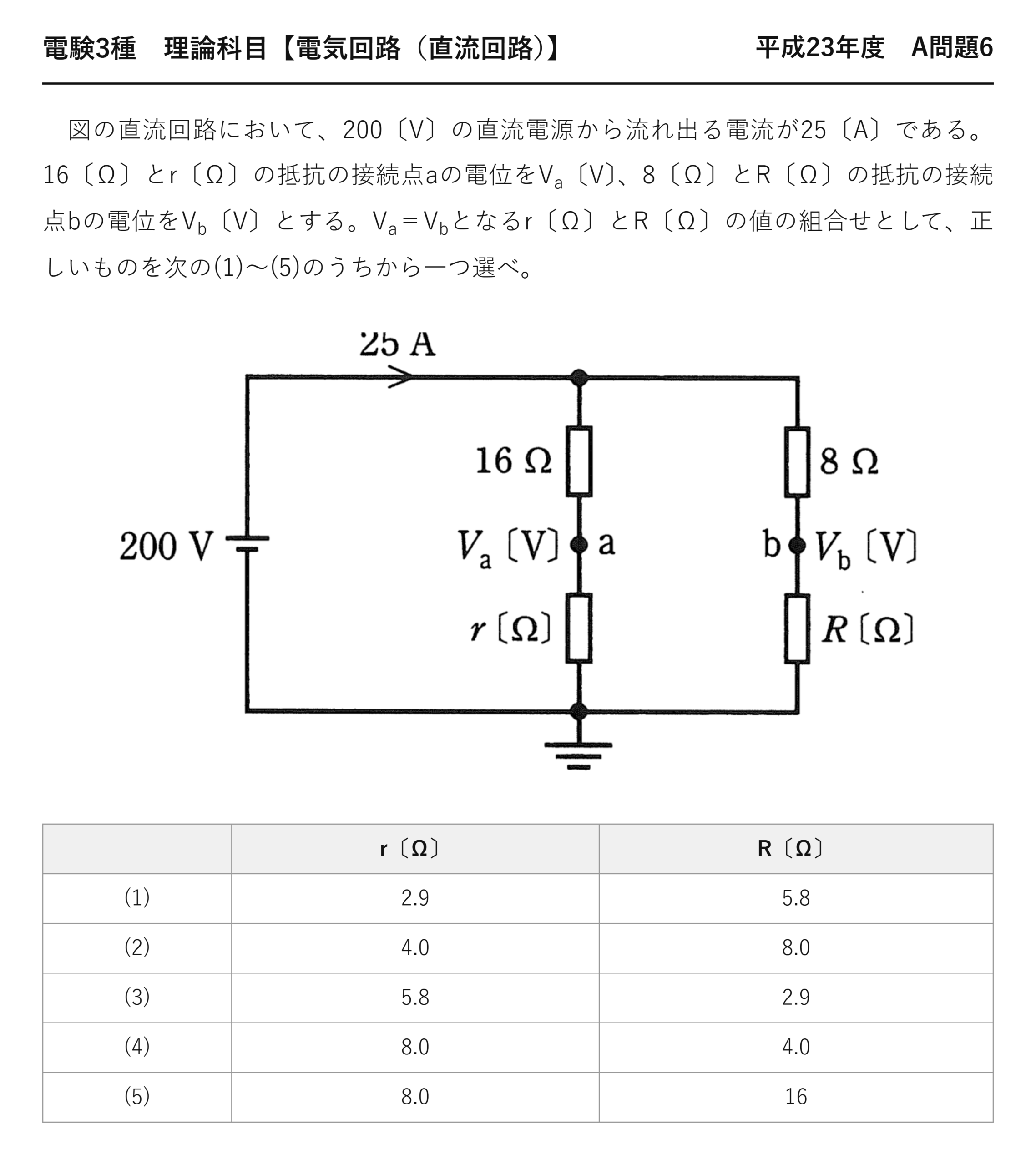 電験3種 理論科目 直流回路 平成23年度 A問題6 問題文