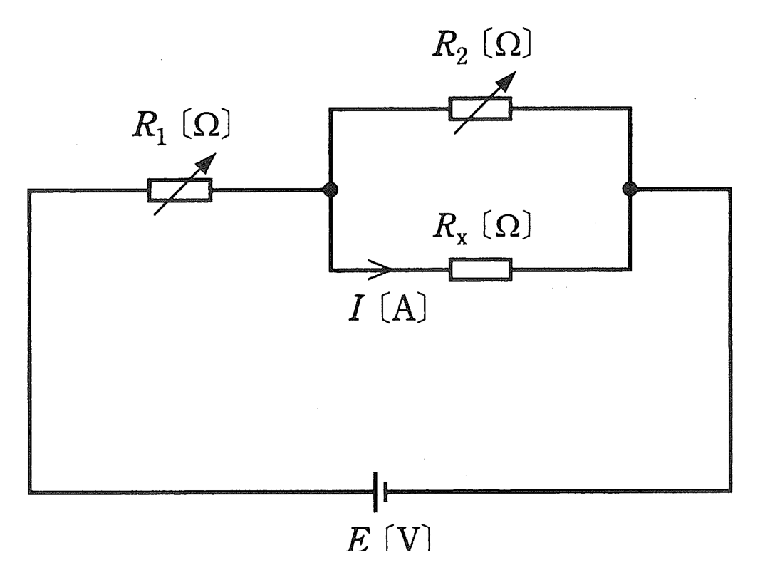 図　可変抵抗R₁と、R₂・R_xの並列部からなる直流回路（問題図）