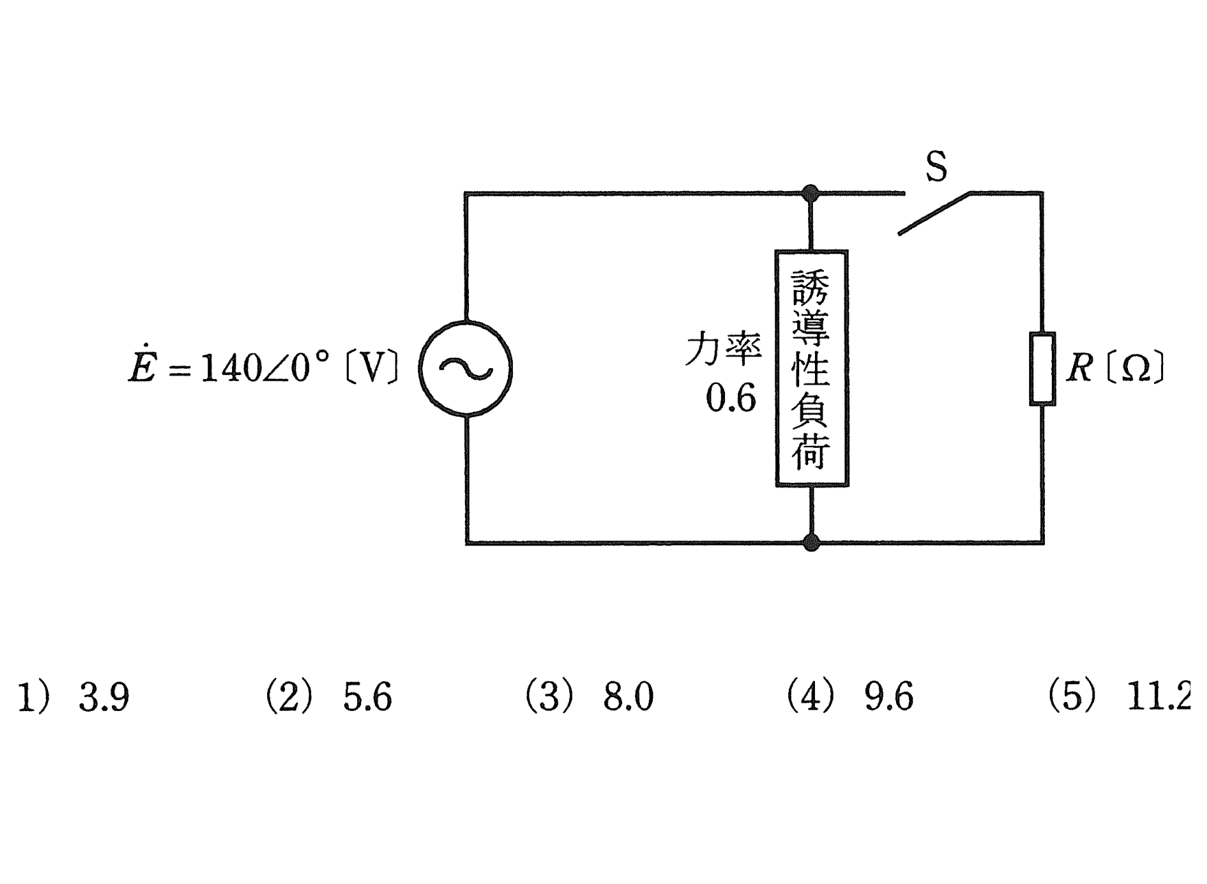 図　Ė電源・力率0.6の誘導性負荷・スイッチS・抵抗Rの回路（問題図）
