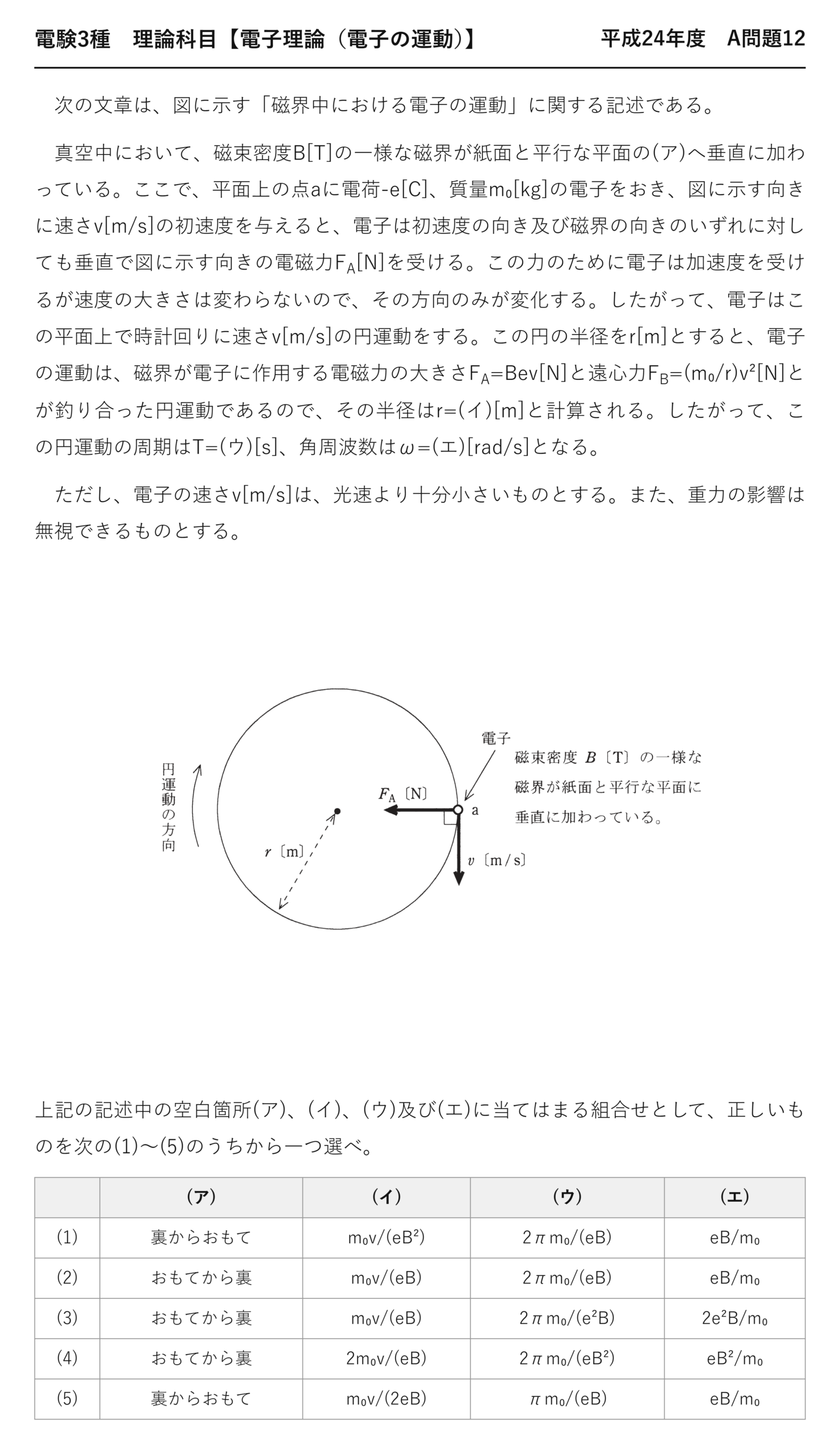 電験3種 理論科目 電子の運動 平成24年度 A問題12 問題文