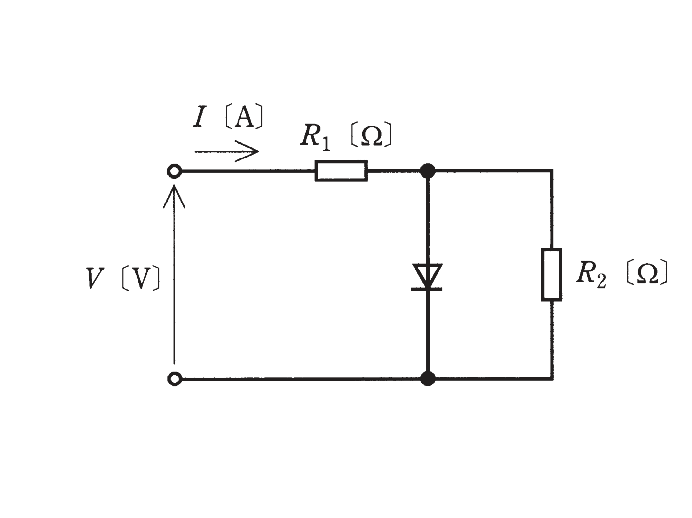 図　抵抗R₁とダイオードのクリッパ回路に負荷R₂(=2R₁)を接続した回路（問題図）
