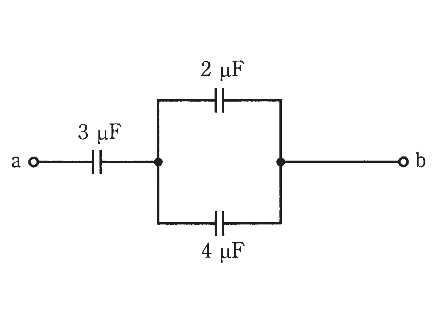 図　3μF・2μF・4μFのコンデンサを直並列接続した回路（問題図）