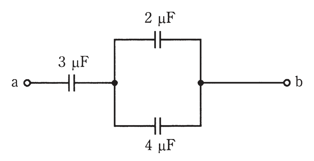 図　3μF・2μF・4μFのコンデンサを直並列接続した回路（問題図）
