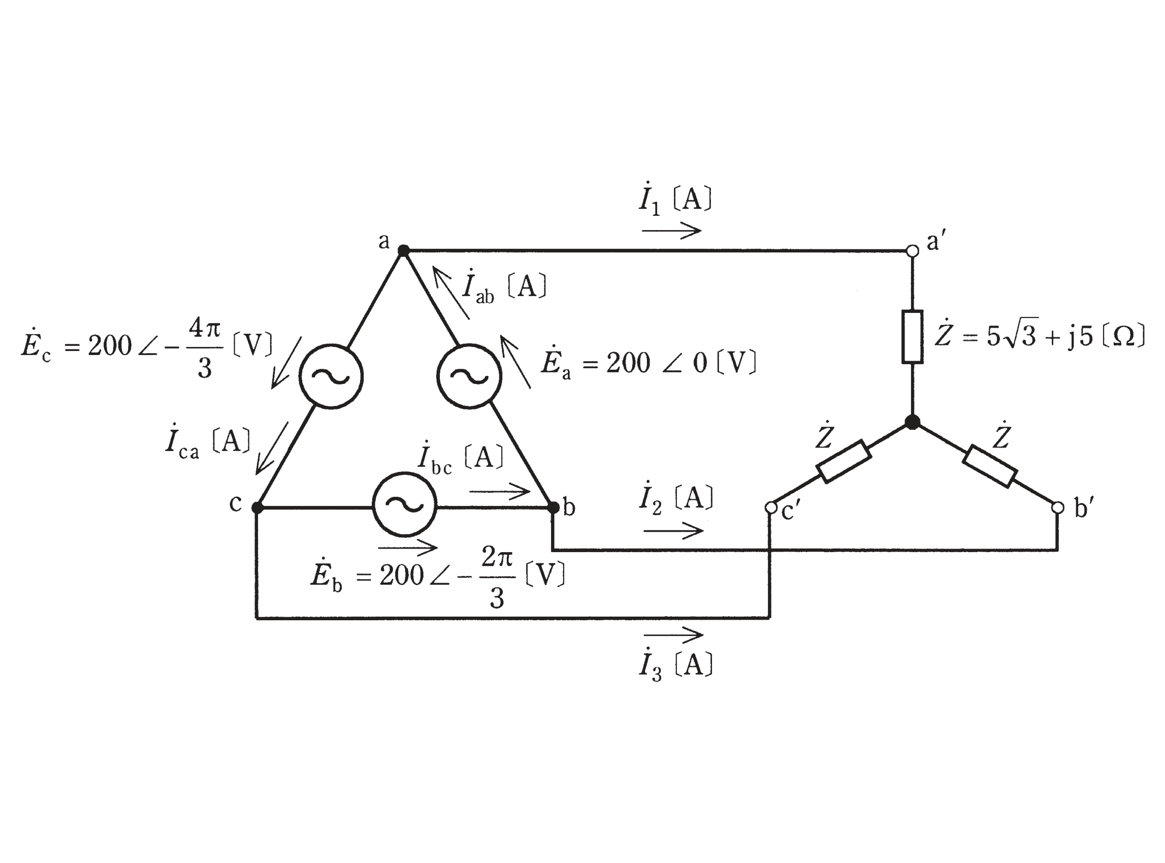 図　Δ結線電源（相電圧200V）とY結線負荷Ż＝5√3+j5Ω（問題図）