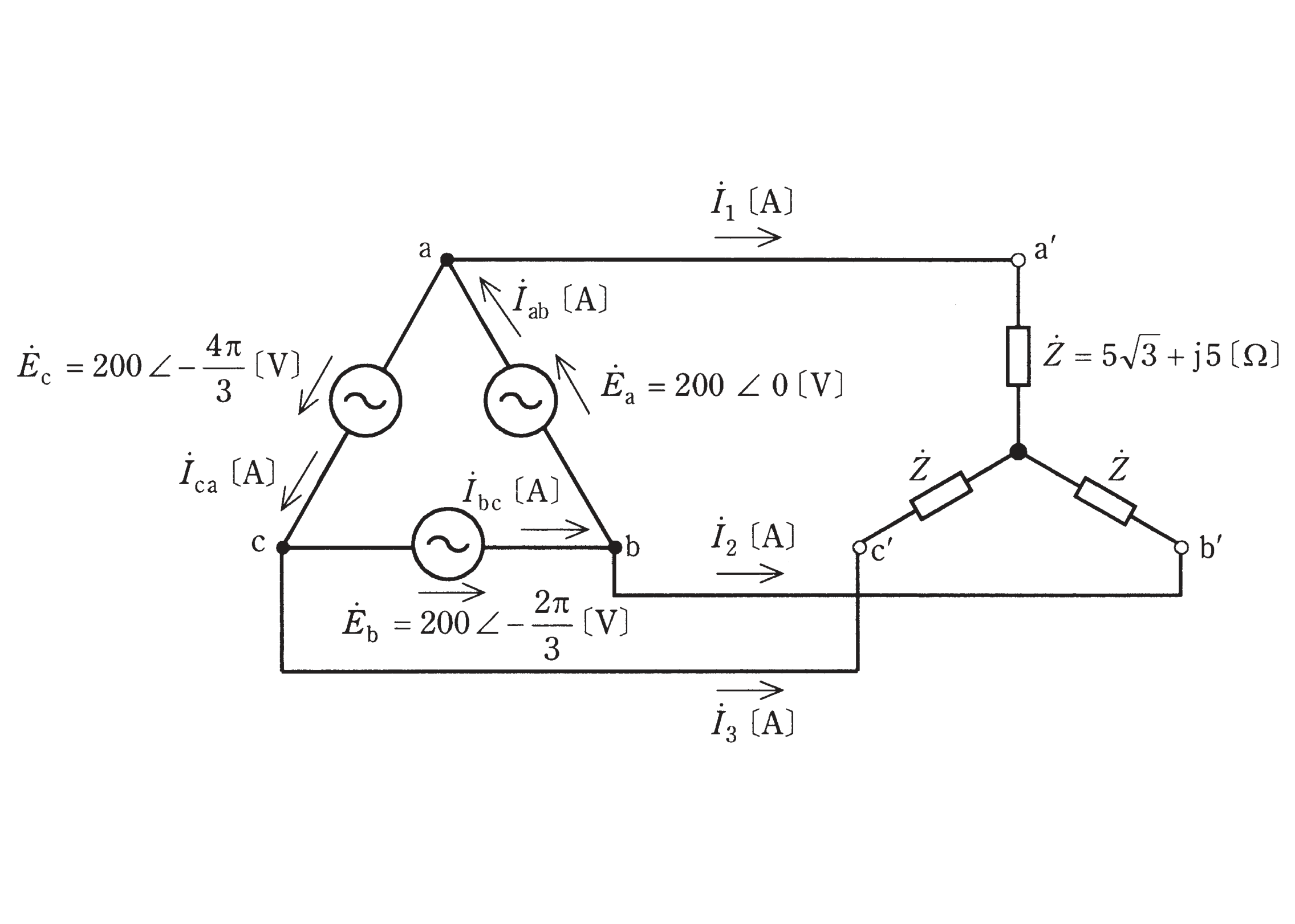 図　Δ結線電源（相電圧200V）とY結線負荷Ż＝5√3+j5Ω（問題図）