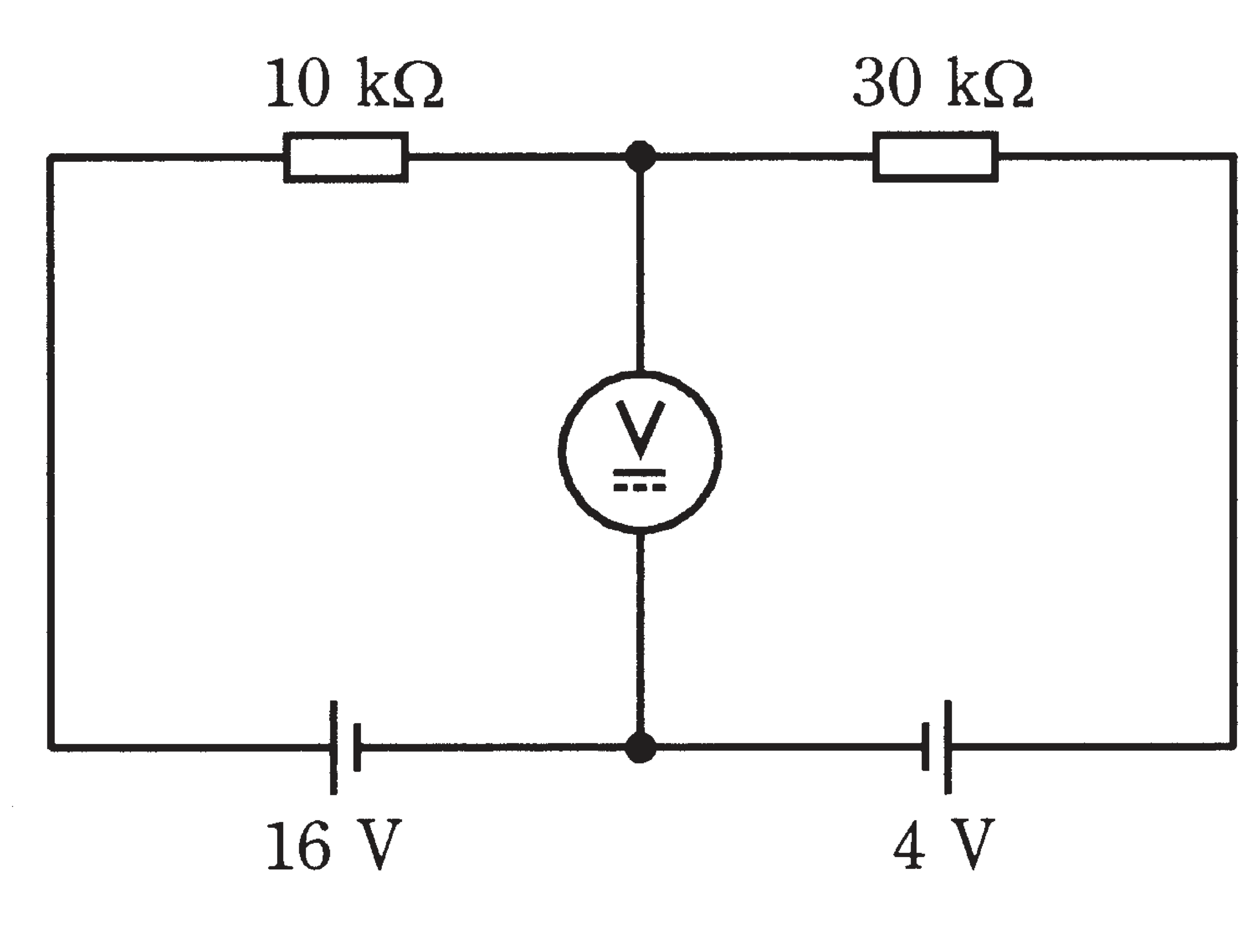 図　10kΩ・30kΩ・電源16V・4Vからなる回路に最大目盛15Vの電圧計を接続（問題図）