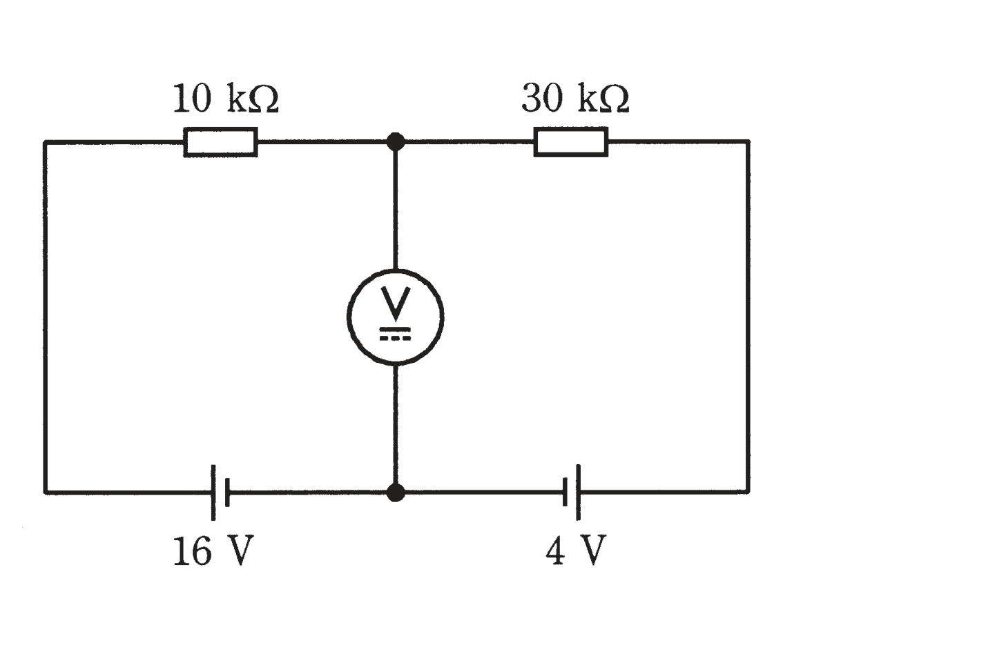 図　10kΩ・30kΩ・電源16V・4Vからなる回路に最大目盛15Vの電圧計を接続（問題図）