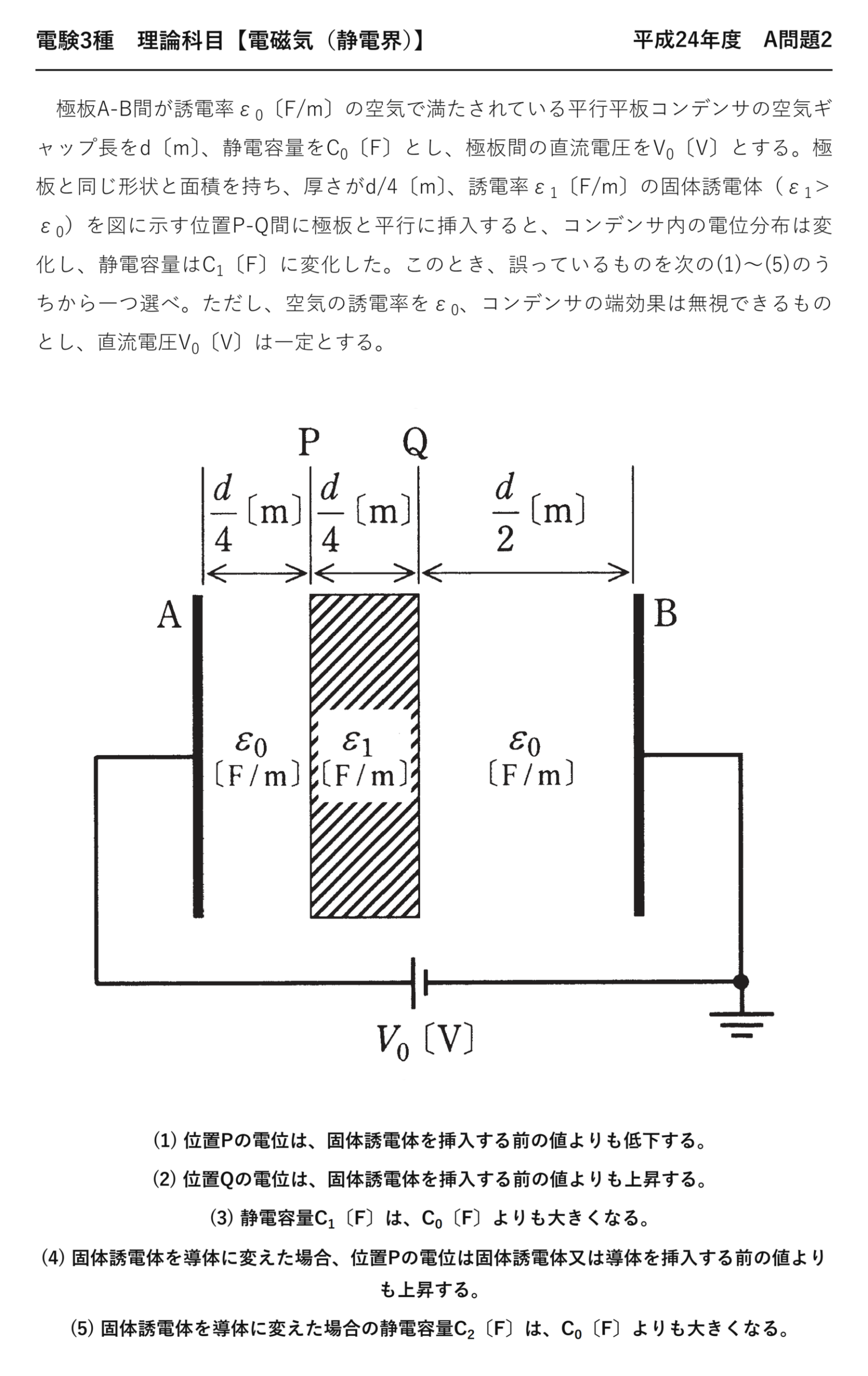 電験3種 理論科目 静電界 平成24年度 A問題2 問題文