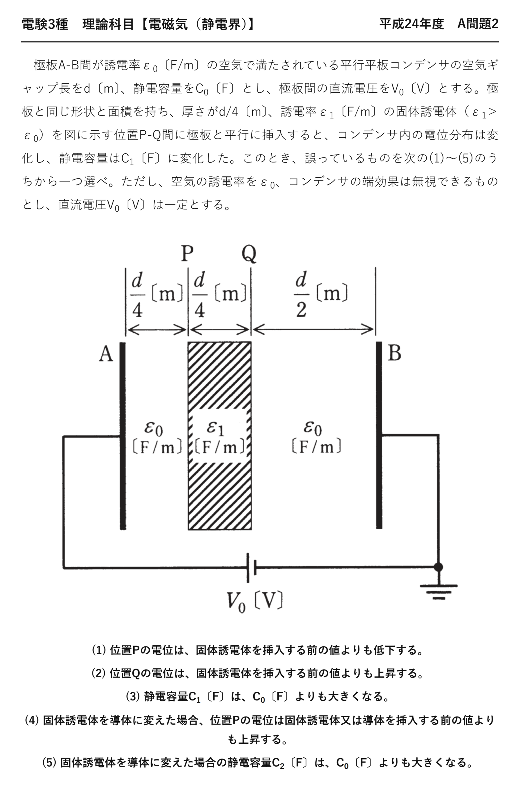 電験3種 理論科目 静電界 平成24年度 A問題2 問題文