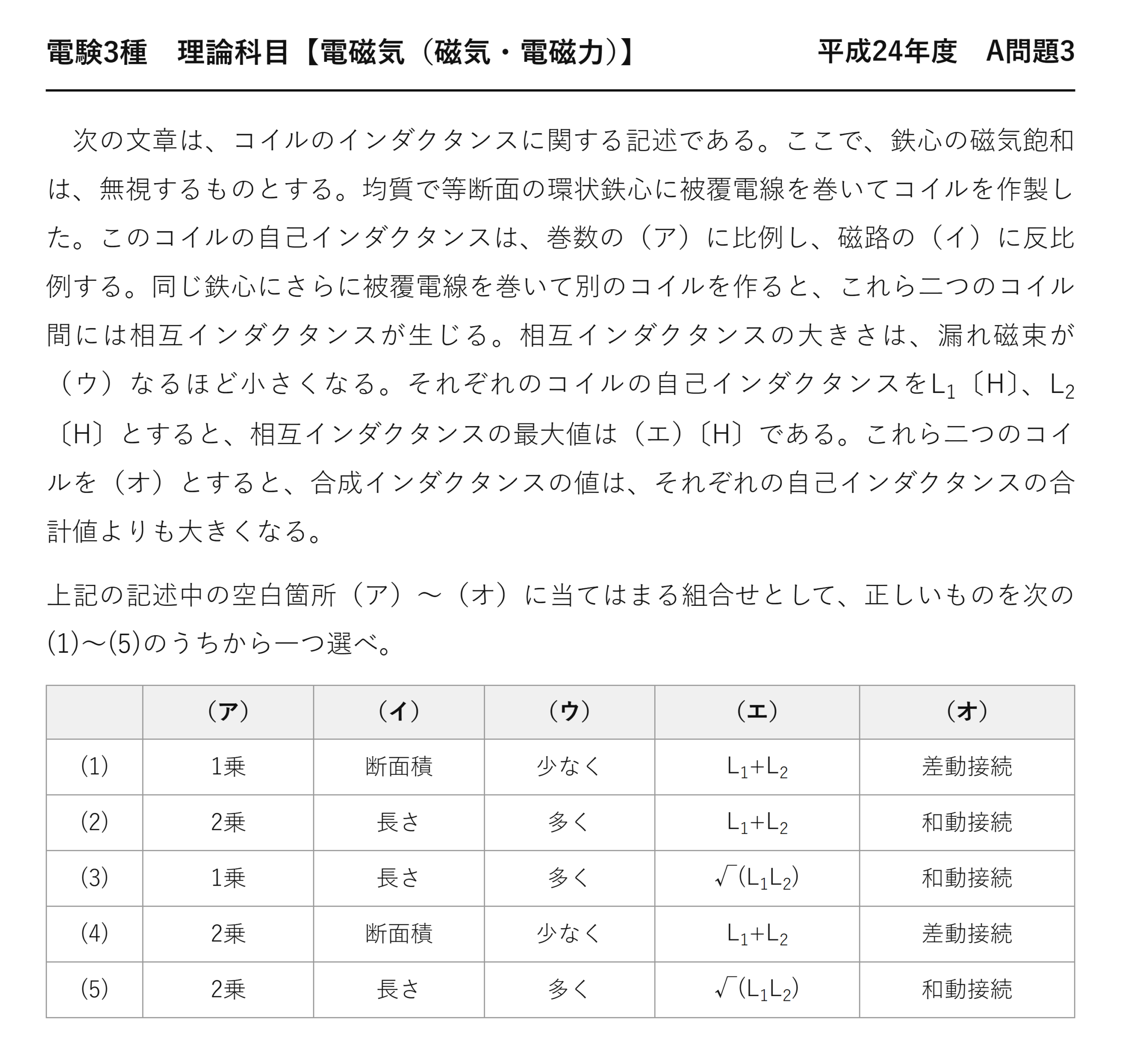 電験3種 理論科目 磁気・電磁力 平成24年度 A問題3 問題文