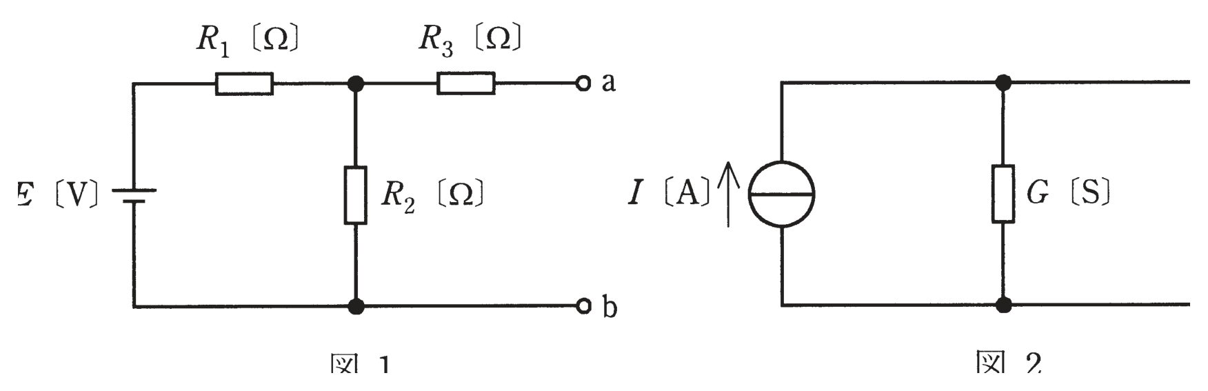 図1 電圧源Eの回路/図2 等価な電流源I・コンダクタンスGの回路(問題図)