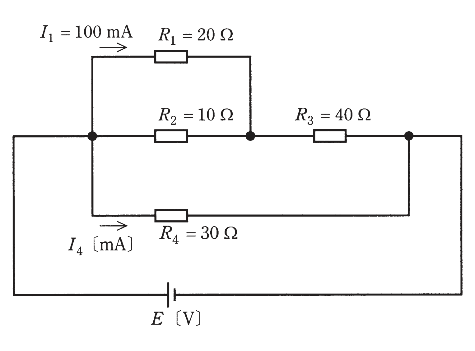 図　R₁=20Ω・R₂=10Ω（並列）＋R₃=40Ω と R₄=30Ω（並列）の回路（問題図）