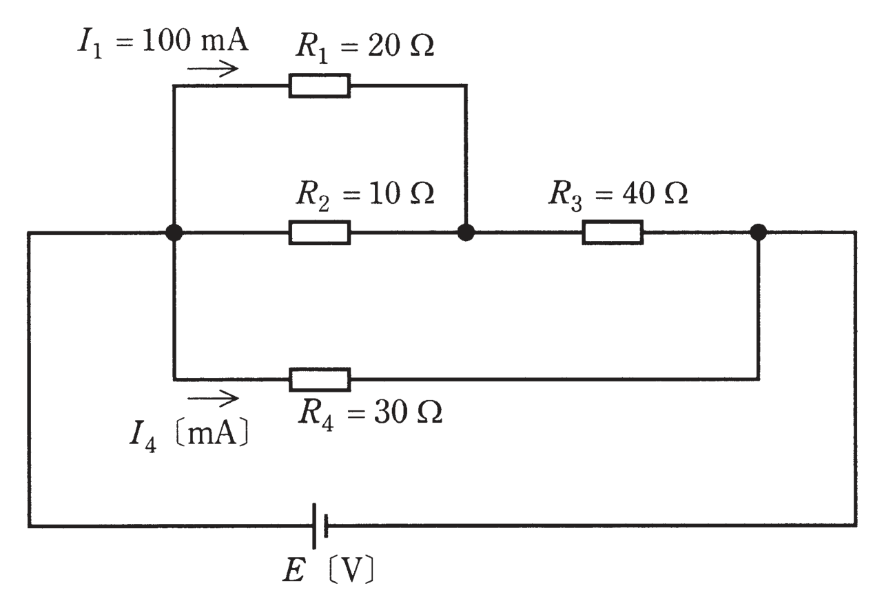 図 R₁=20Ω・R₂=10Ω(並列)+R₃=40Ω と R₄=30Ω(並列)の回路(問題図)