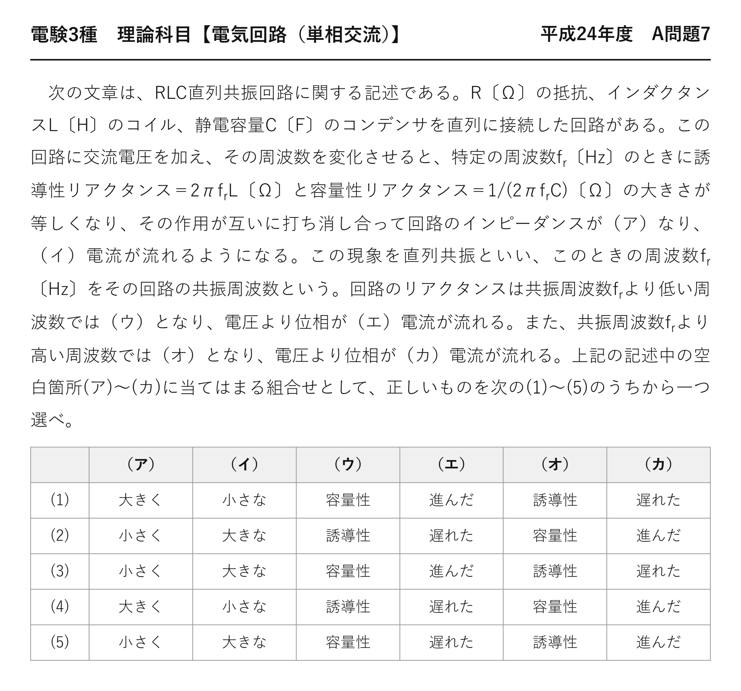 電験3種 理論科目 単相交流 平成24年度 A問題7 問題文