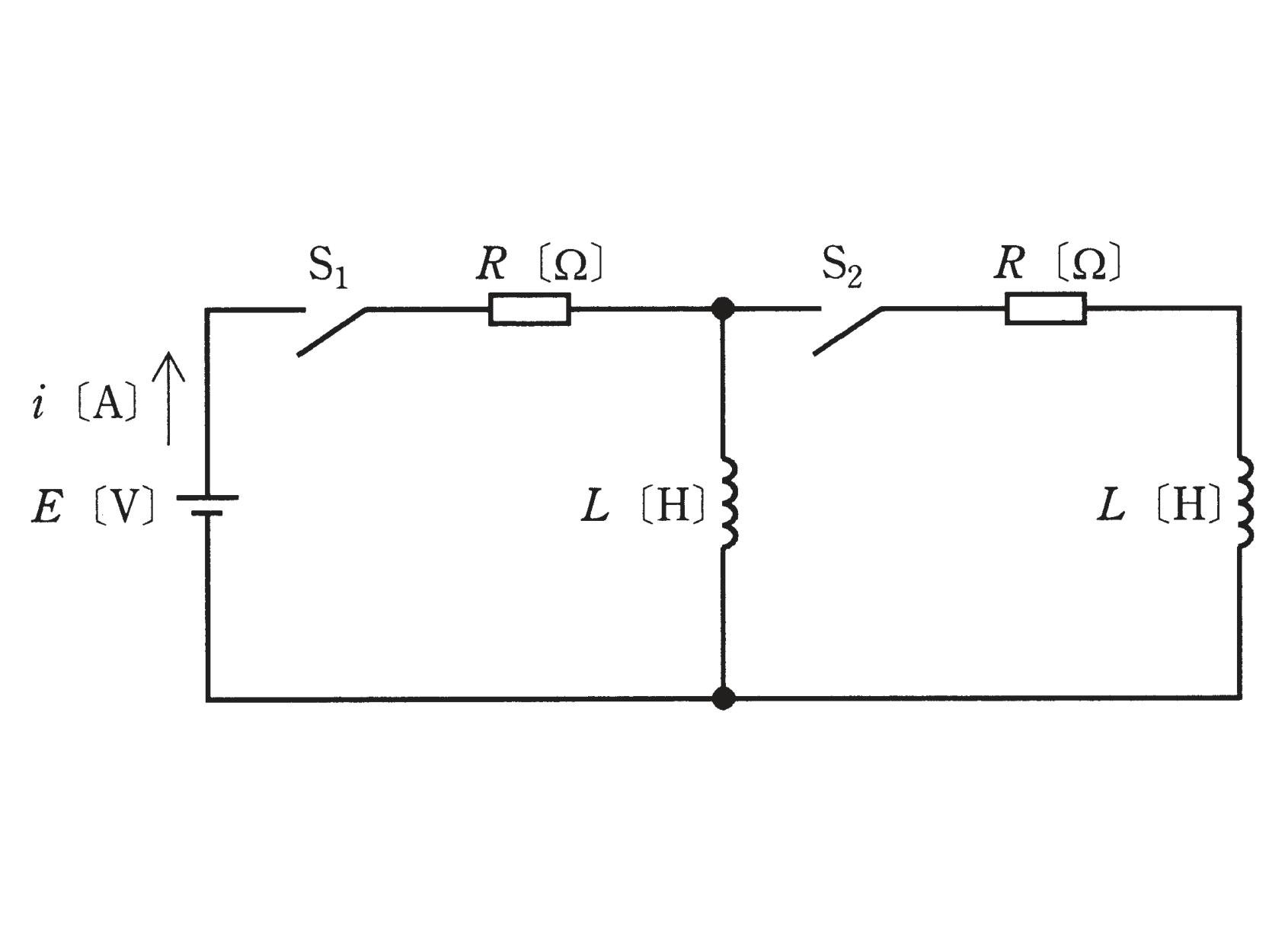 図 E電源とS₁-R-L・S₂-R-Lの2枝の回路(問題図)