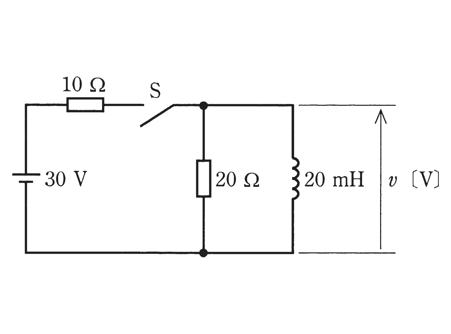 図　30V・10Ω・Sと20Ω∥20mHの回路（問題図）