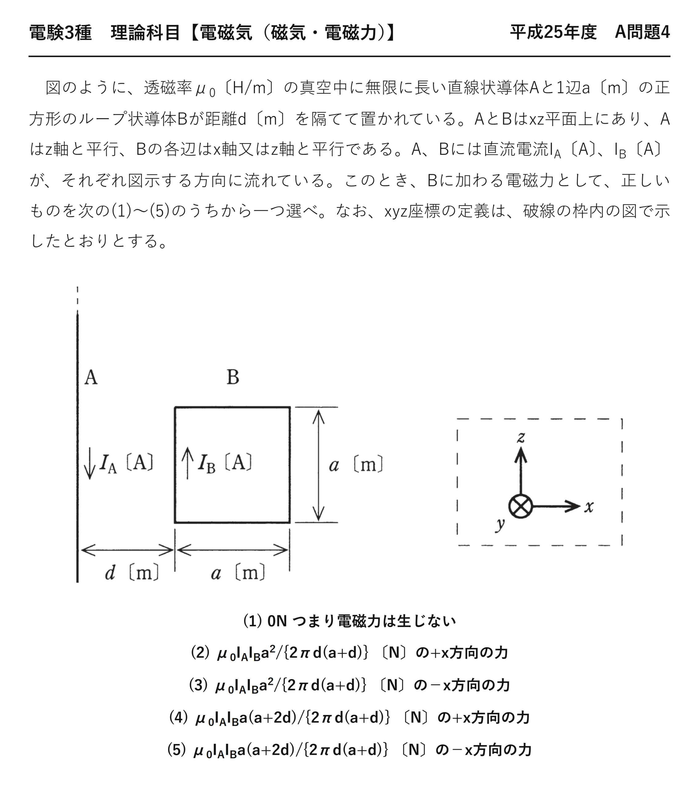 電験3種 理論科目 磁気・電磁力 平成25年度 A問題4 問題文