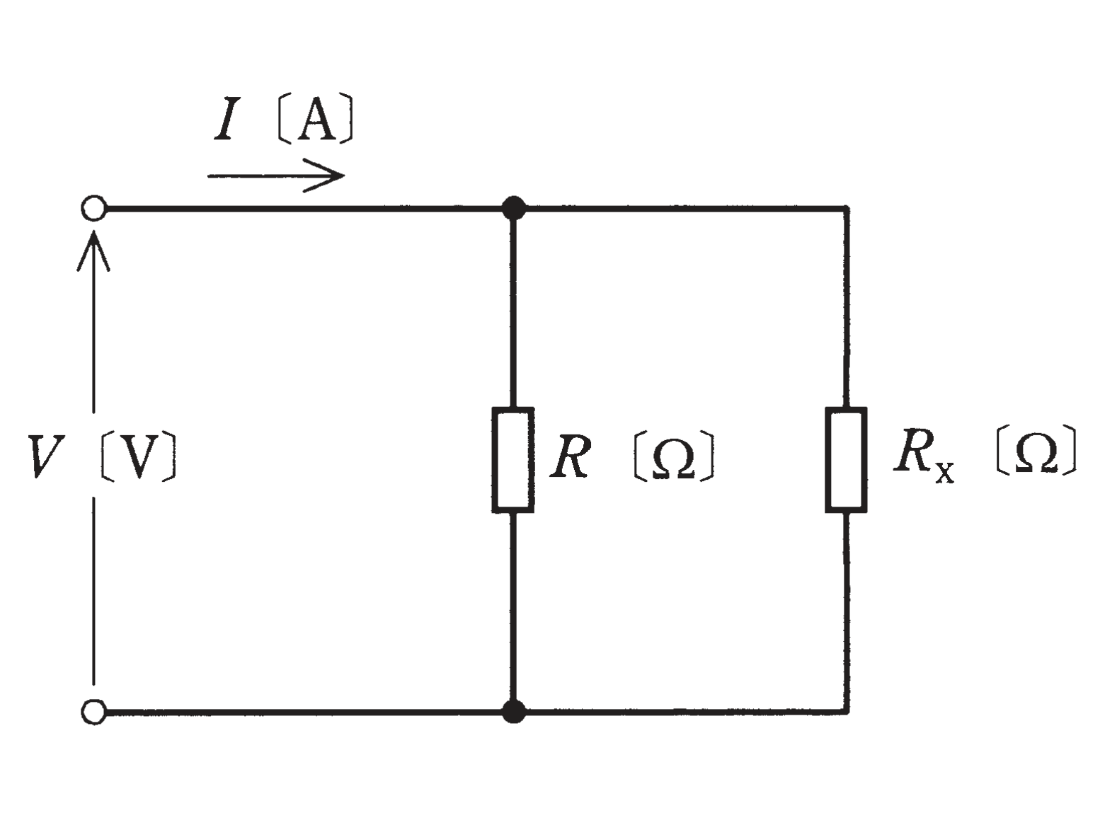 図　抵抗RとRxを並列に接続し、電圧V・電流Iを与えた回路（問題図）