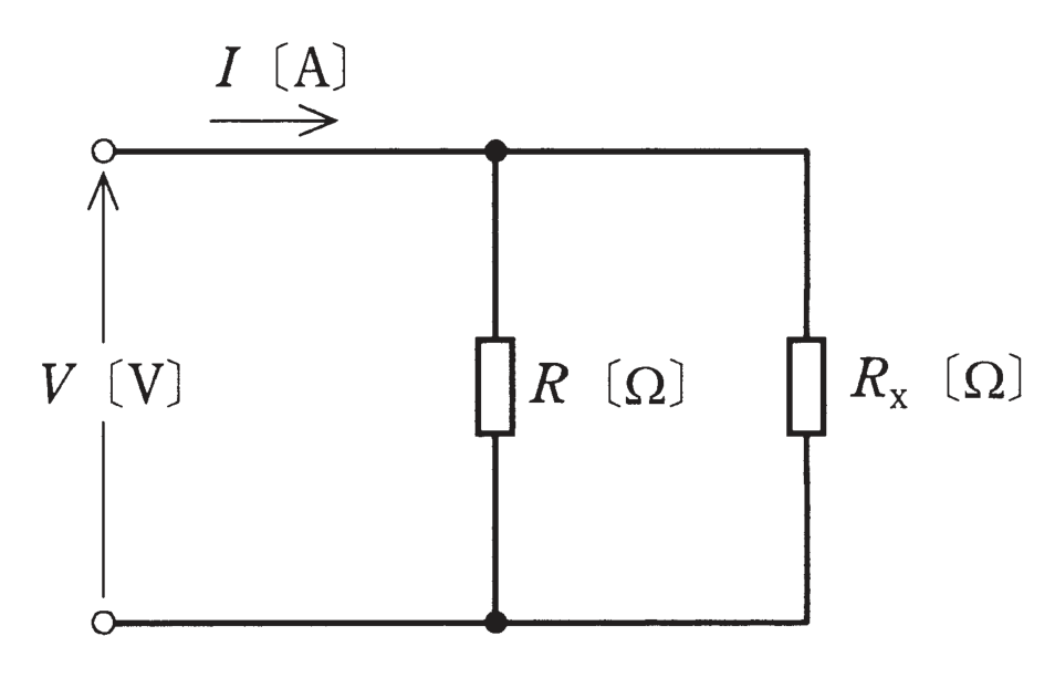 図　抵抗RとRxを並列に接続し、電圧V・電流Iを与えた回路（問題図）