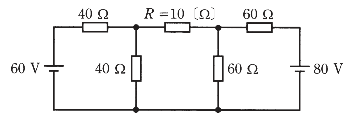 図　2電源（60V・80V）と抵抗（40Ω・R=10Ω・60Ω・40Ω・60Ω）の回路（問題図）