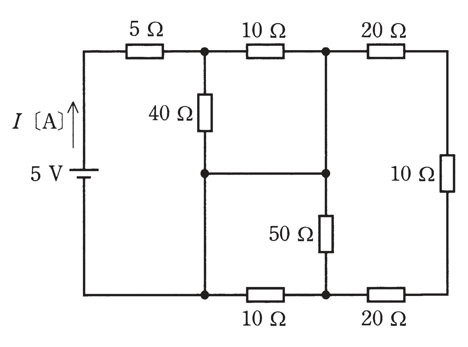図　5V電源と8個の抵抗からなる複雑な直並列回路（問題図）
