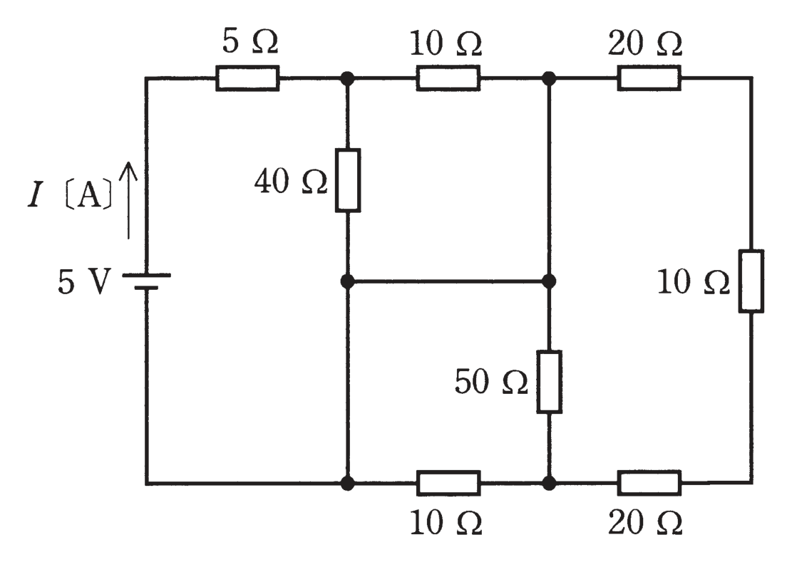 図　5V電源と8個の抵抗からなる複雑な直並列回路（問題図）