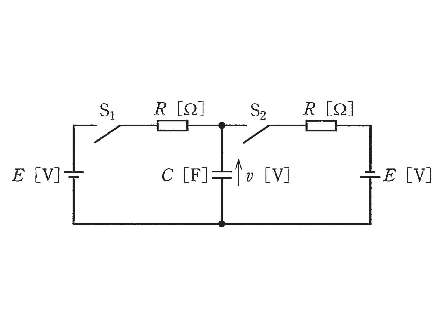 図　E電源2個・R2個・C・スイッチS₁S₂の回路（問題図）