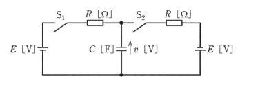 図　E電源2個・R2個・C・スイッチS₁S₂の回路（問題図）