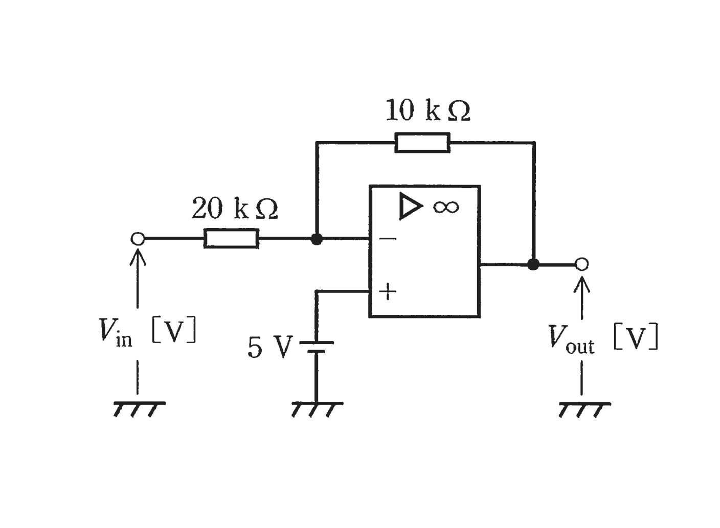 図　演算増幅器の能動回路（入力20kΩ・帰還10kΩ、+入力に5V）（問題図）