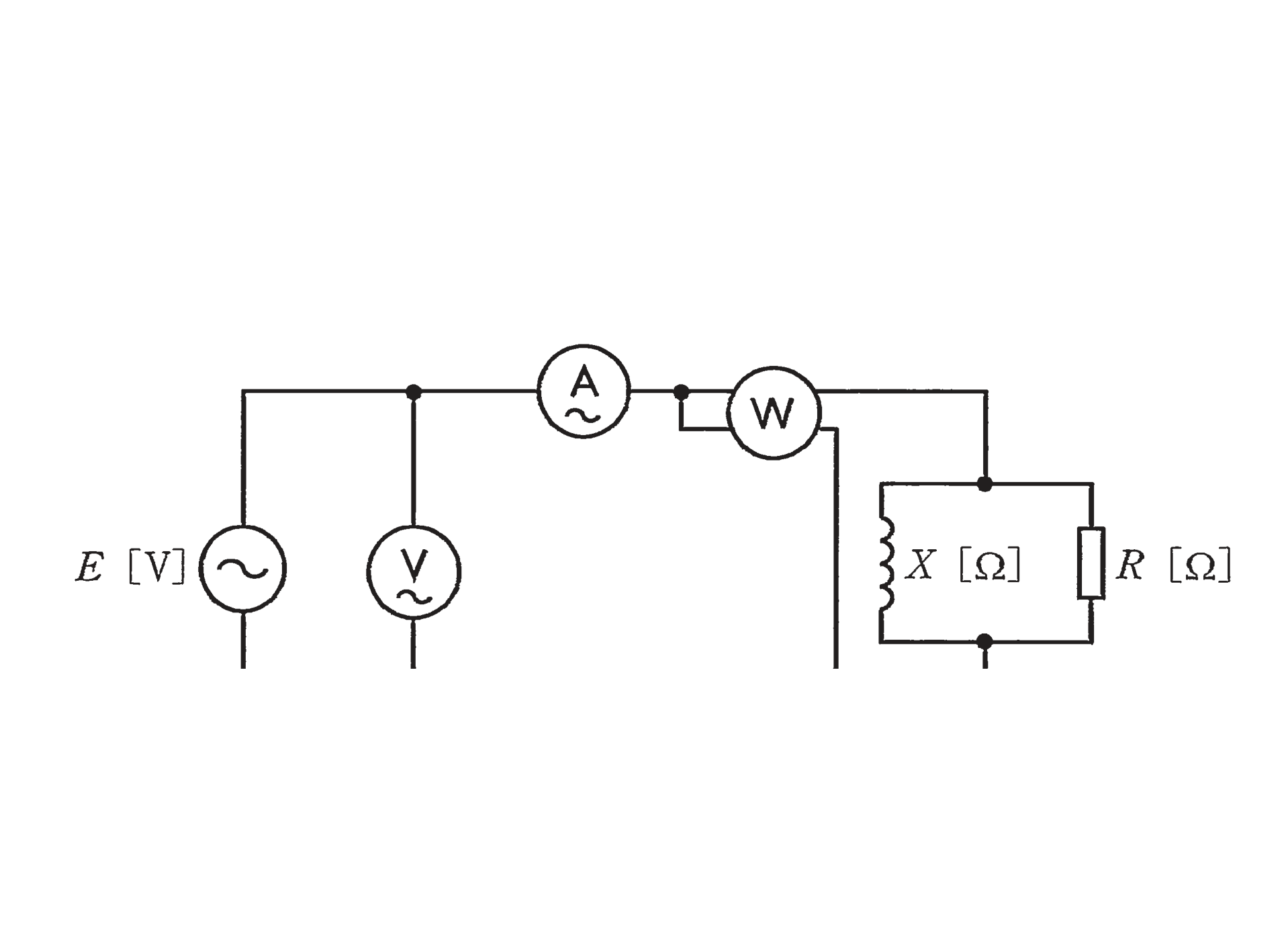 図 E電源とX∥R並列負荷、電流計・電圧計・電力計(問題図)