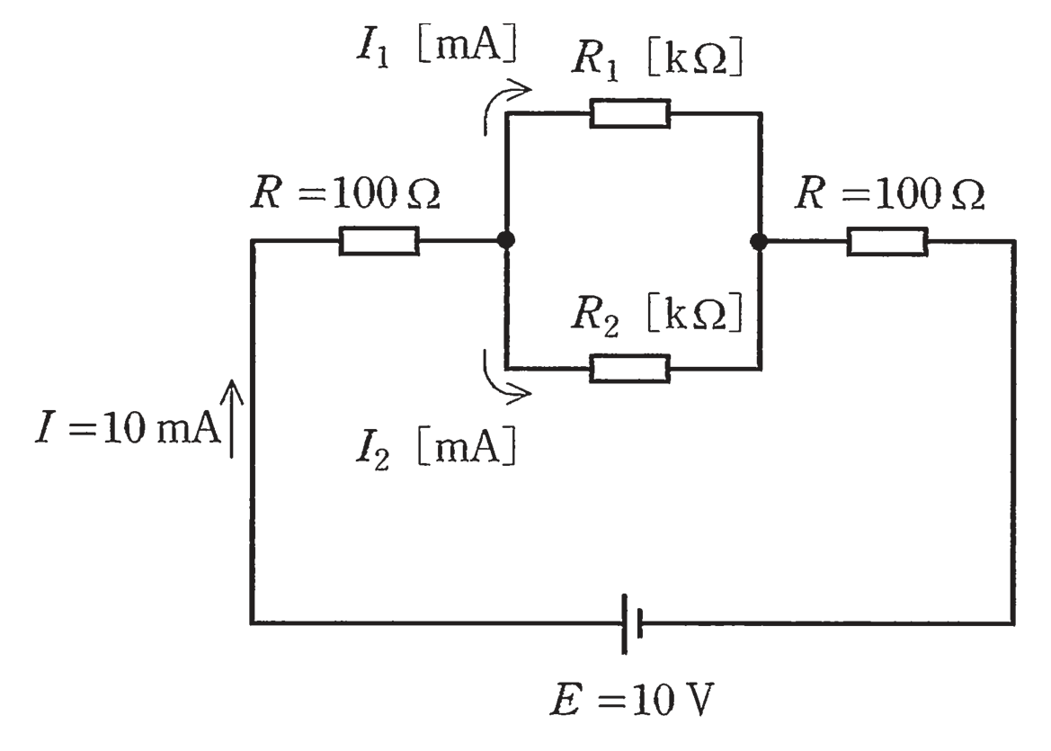 図　E=10V・100Ω×2とR₁・R₂（並列）の直流回路（問題図）