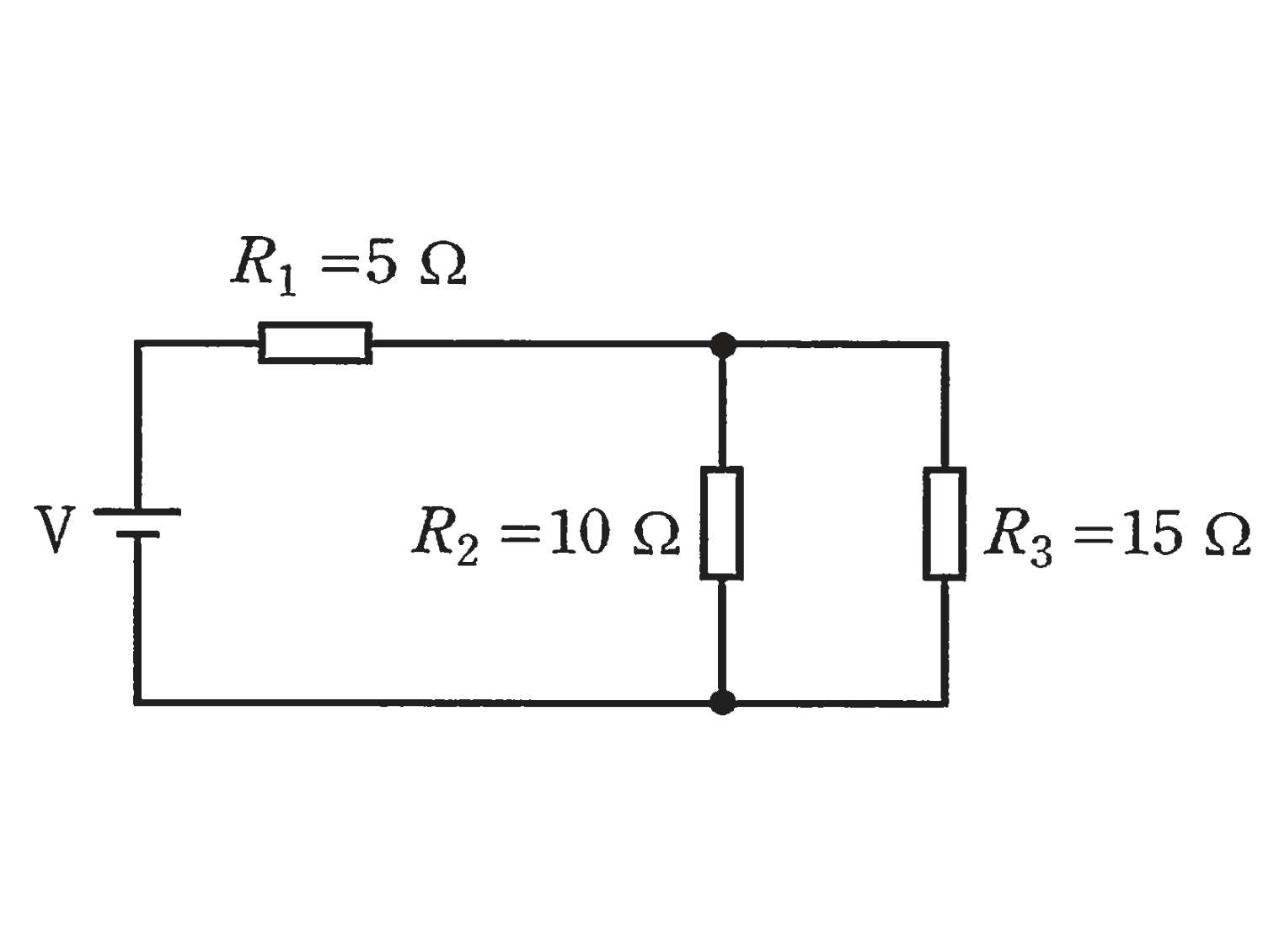 図　2V電源・R₁=5Ω（直列）とR₂=10Ω・R₃=15Ω（並列）の回路（問題図）