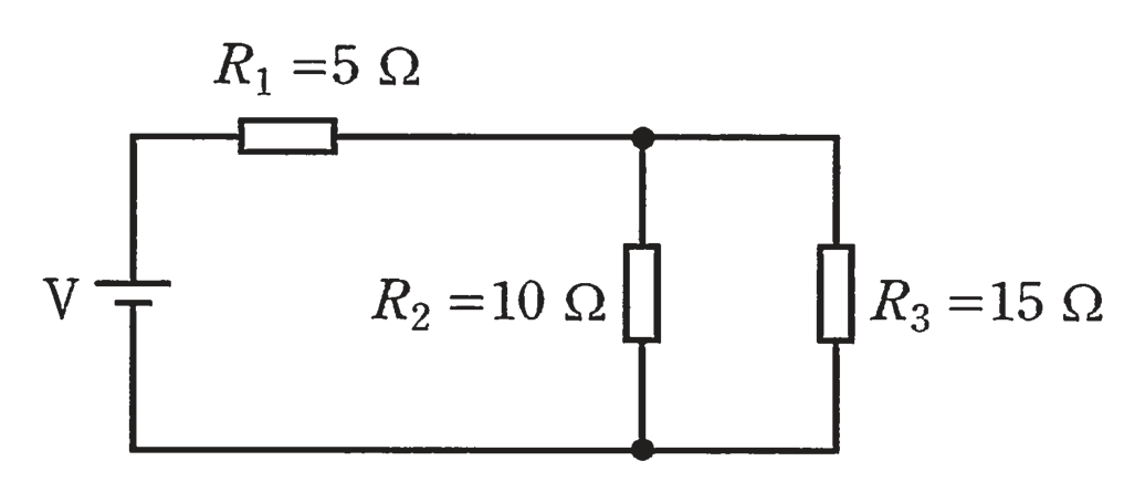 図　2V電源・R₁=5Ω（直列）とR₂=10Ω・R₃=15Ω（並列）の回路（問題図）