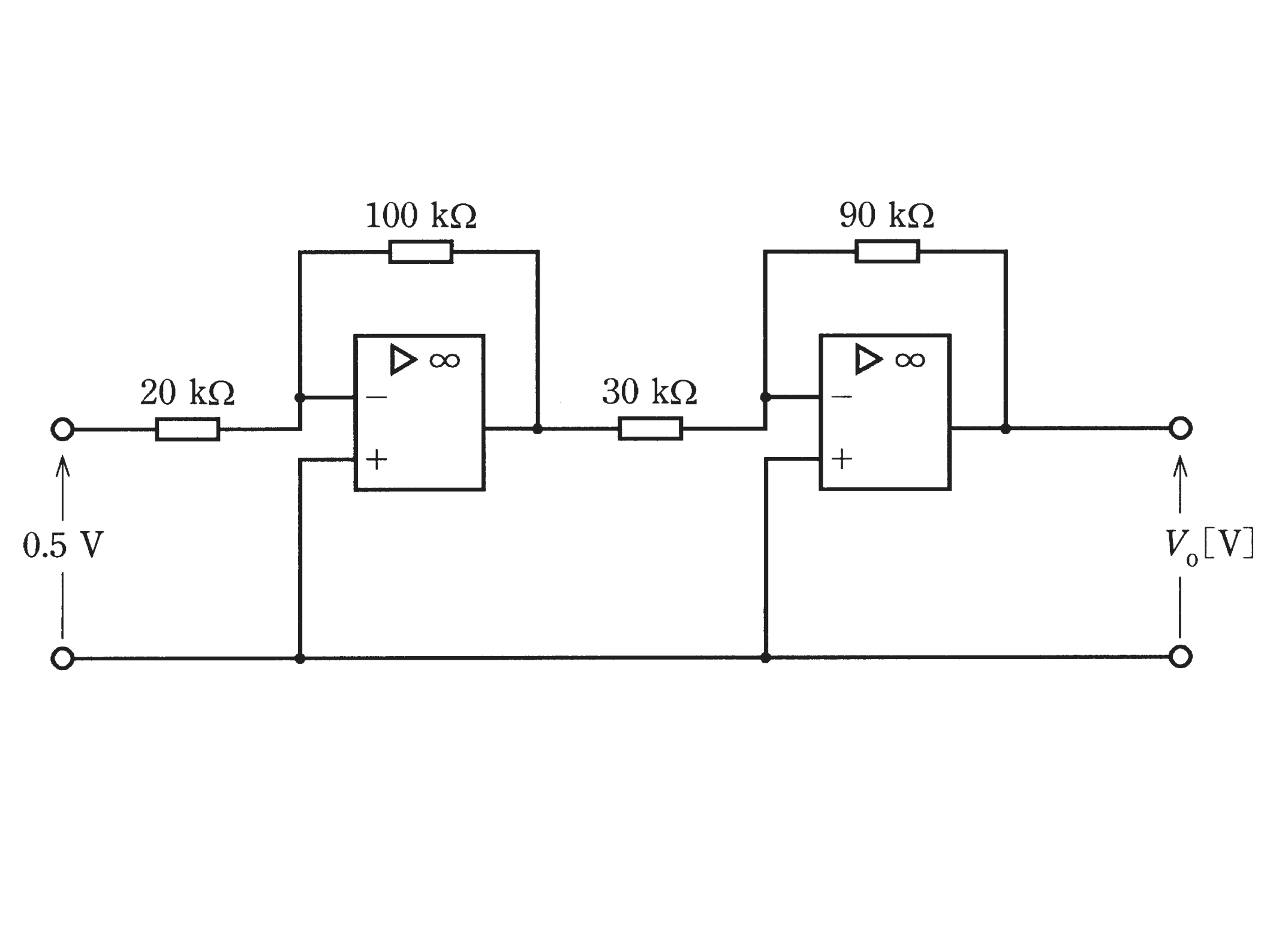 図　(b)の直流増幅回路：20kΩ・100kΩと30kΩ・90kΩの2段反転増幅回路に0.5Vを加える（問題図）