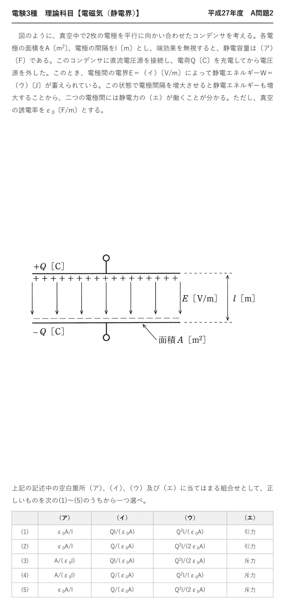 電験3種 理論科目 静電界 平成27年度 A問題2 問題文