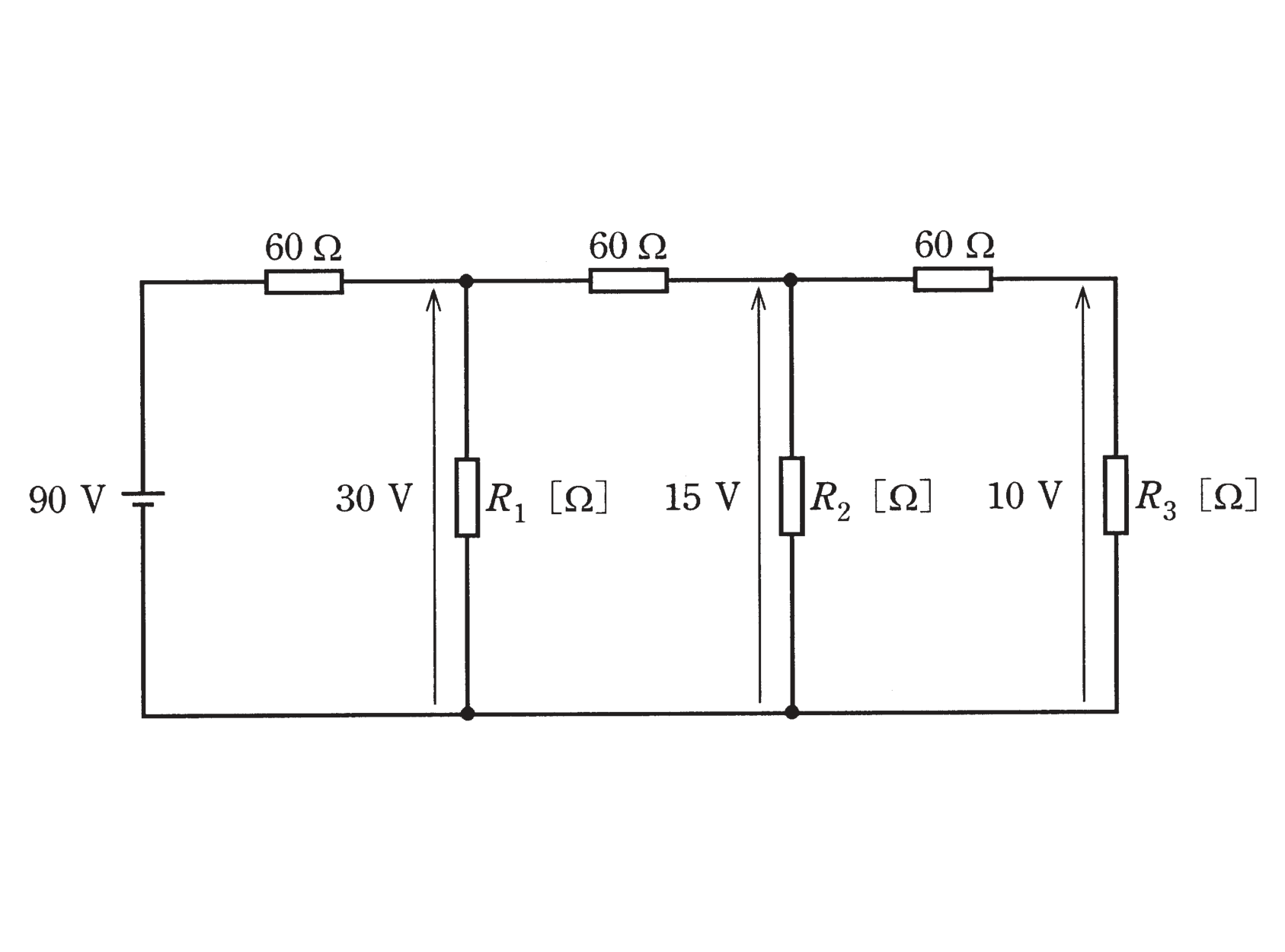 図　90V電源・60Ω×3とR₁・R₂・R₃からなるラダー回路（問題図）