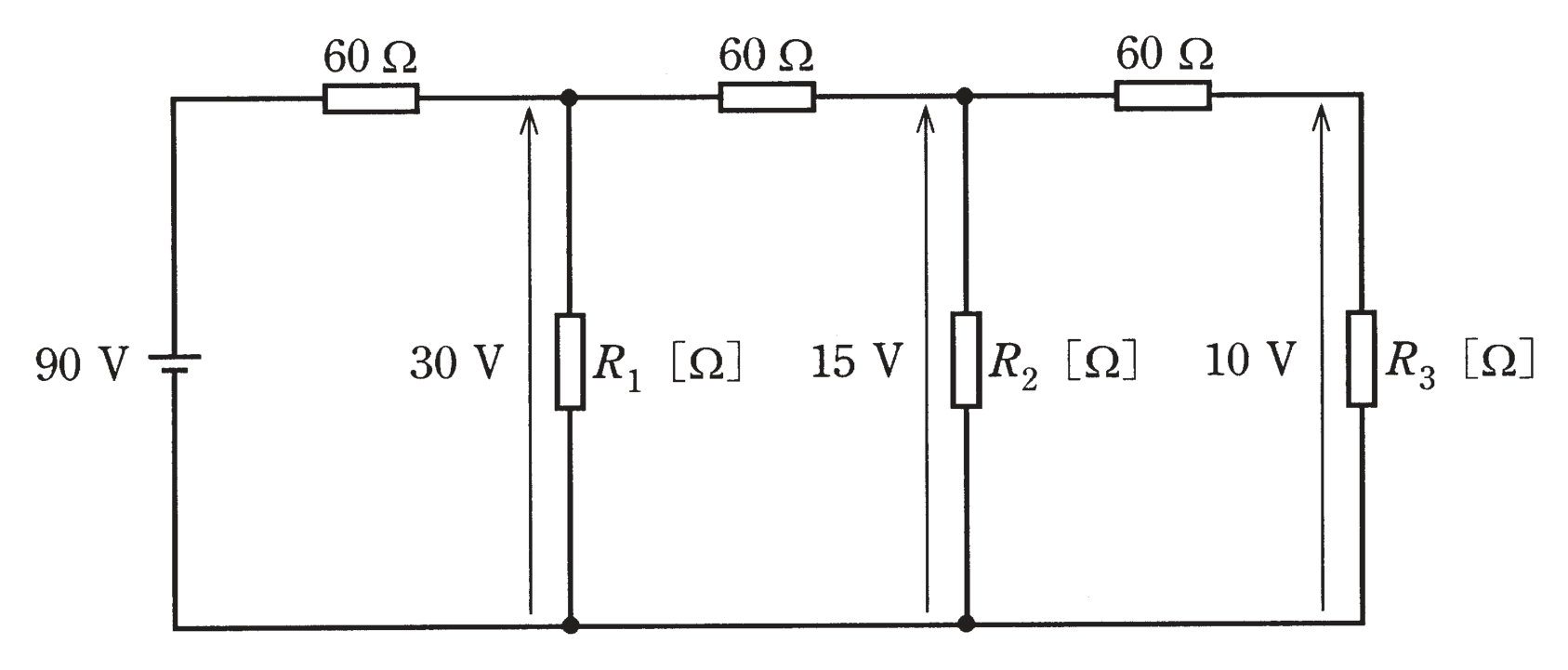 図　90V電源・60Ω×3とR₁・R₂・R₃からなるラダー回路（問題図）