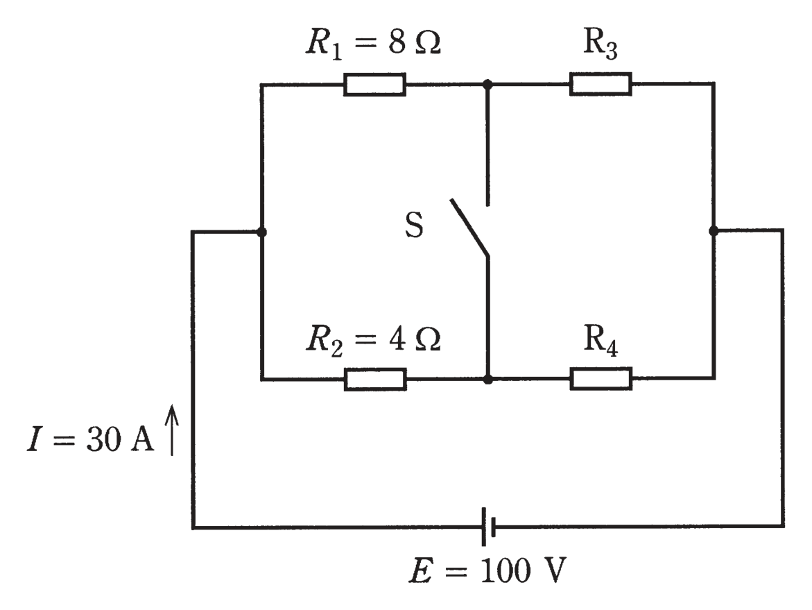 図　E=100V・R₁=8Ω・R₂=4Ω・R₃・R₄とスイッチSのブリッジ回路（問題図）