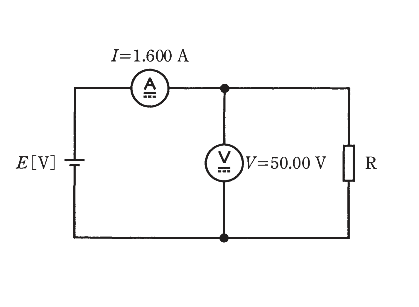 図　電圧降下法で抵抗Rを測る回路（電流計I・電圧計V・電源E）（問題図）